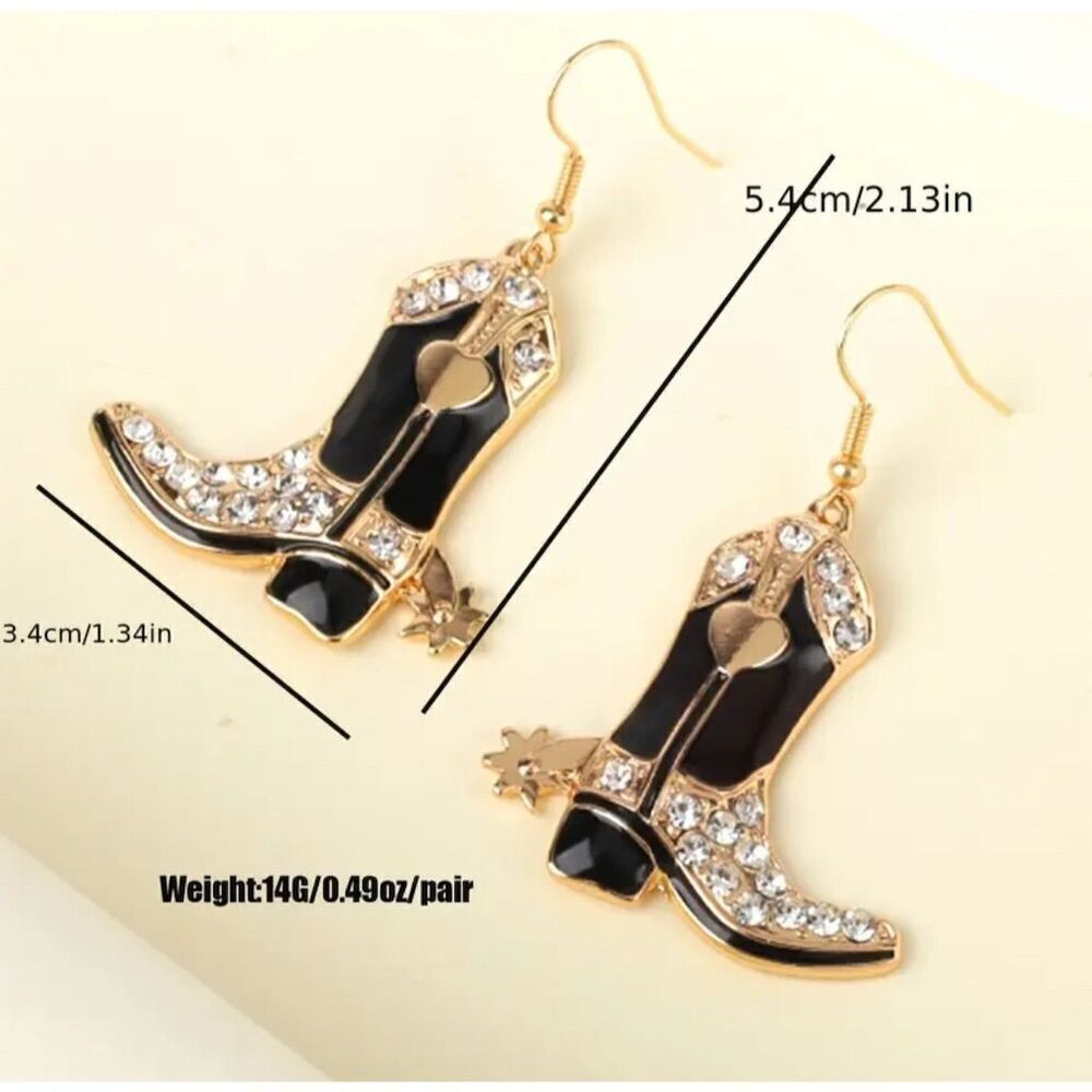 14k Gold Plated Western GOLD Boot Earrings Cowgirl Dangle Rhinestones Rodeo - Picture 4 of 5